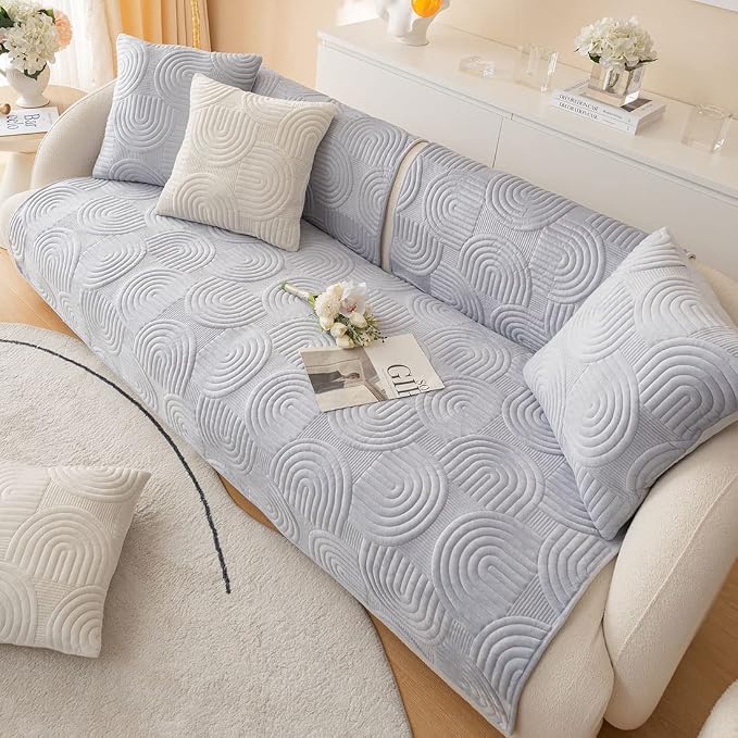 Soft Plush Geometric Quilted Couch Sofa Cover Boho Non Slip Fuzzy Sectional Couch Cover Solid Color Washable Sofa Slipcover Furniture Protector for Kids Dogs Cats (Gray,36"x47")