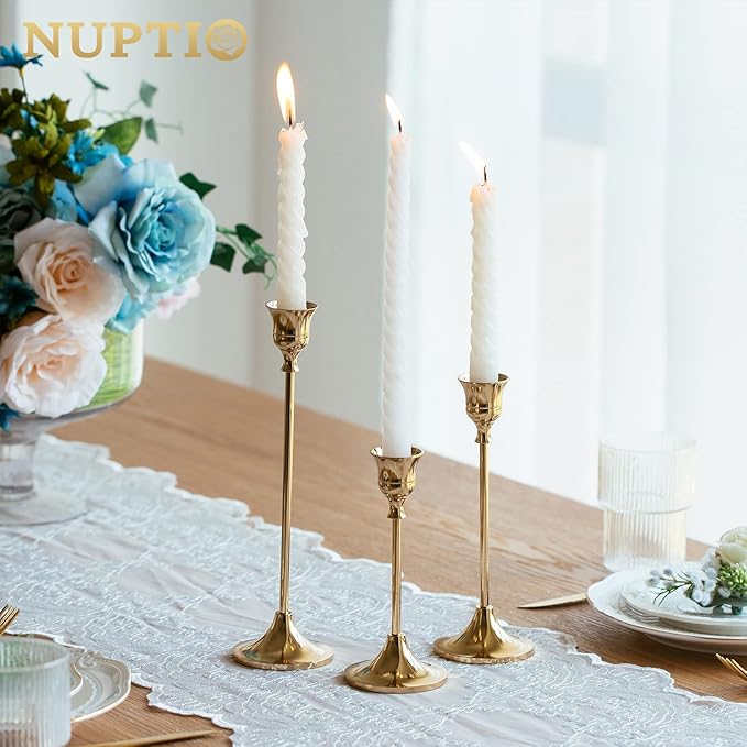 Nuptio Candlestick Candle Holders 15 Pcs Candle Stick Holder Gold Taper Candle Holder Candle Stand for Wedding Party Thanksgiving Halloween Birthday Mantel Baby Shower Table Centerpieces Decor