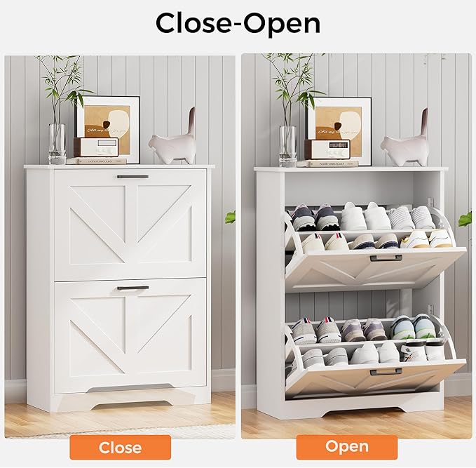 Homleke Farmhouse Shoe Cabinet for Entryway with Barn-Style Flip Drawers, Narrow Shoe Storage Organizer with Top Display Shelf, Adjustable Shelves, Shoe Rack for Hallway, Closet- (White, 24")