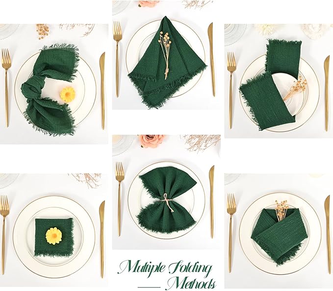 36 Pack Dark Green Handmade Cloth Napkins 12 x 12 Inch Cotton Linen Napkins with Fringe, Washable and Reusable Napkins, Soft Rustic Boho Fringe Cloth Napkins for Dinners,Parties, Wedding