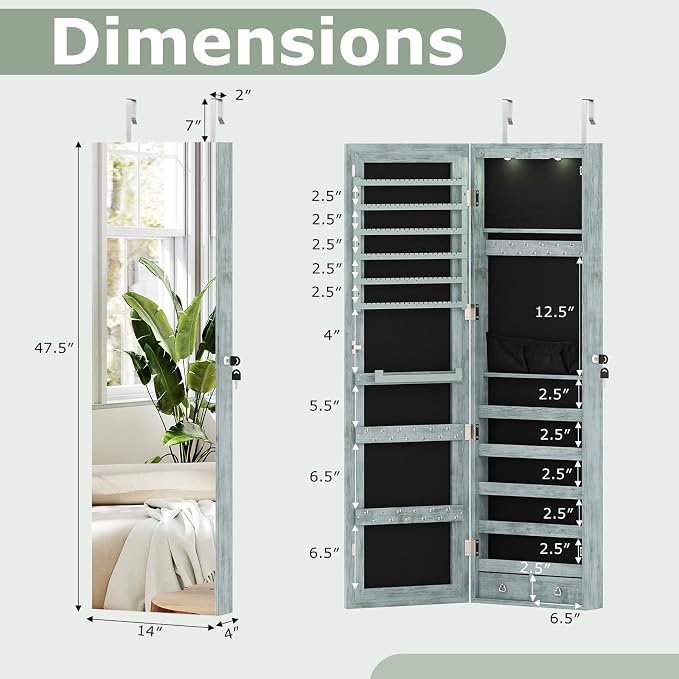 Moccha Wall Door Jewelry Armoire, 47.5" H Full Length Mirrored Jewelry Cabinet with 2 LED Lights and 2 Drawers, Lockable Jewelry Cabinet, Jewelry Organizer Storage for Bedroom (Weathered Blue)