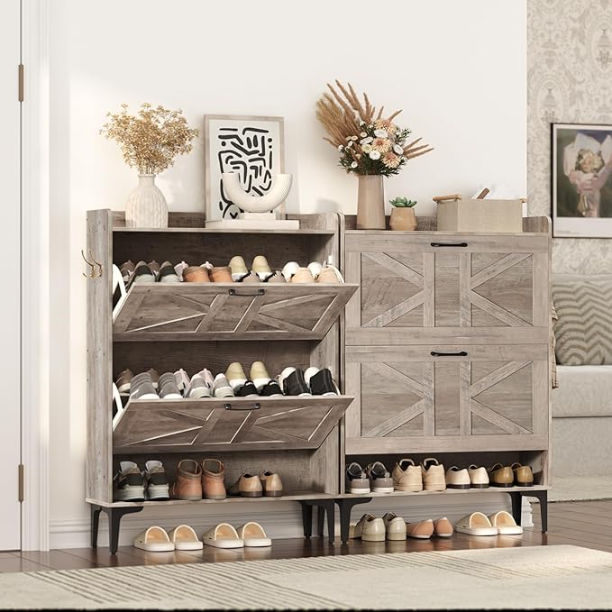 MAHANCRIS Shoe Storage Cabinet, Shoe Organizer with 2 Flip Drawers, Hidden Shoe Storage for Entryway, Freestanding Shoe Cabinet Organizer with Open Storages, Greige SHHG9401