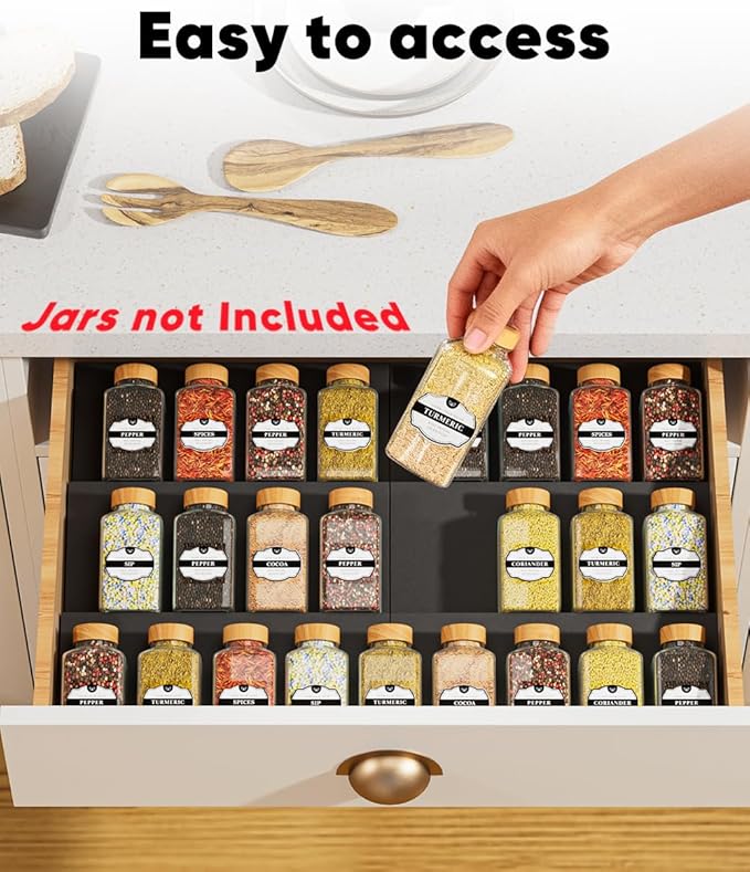 Aluminum Spice Drawer Organizer, Spice Rack Tray for Kitchen Cabinet, 6 Pieces Set-Expandable Seasoning Storage Rack From 8"-16" Insert for Drawer/Countertop (Jars Not Included)