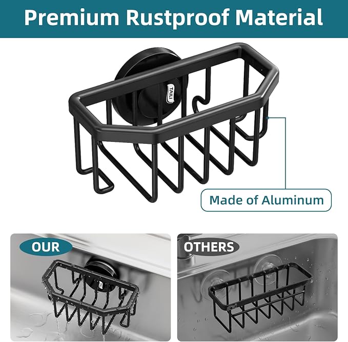 TAILI Sink Caddy with Strong Suction Cup, Sponge Holder for Kitchen Sink Organizer, Removable Sponge Caddy Inside Sink, Rustproof Aluminum Holder for Sponges, Brushes - Black
