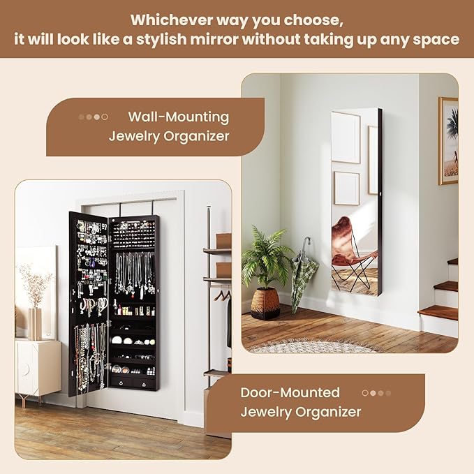 NAFORT 2 LEDs Mirror Jewelry Cabinet, 47.5-Inch Tall Wall or Door Mounted Jewelry Organizers and Storage with Frameless Full-length Mirror, Lockable Jewelry Armoire with 2 Drawers, Espresso