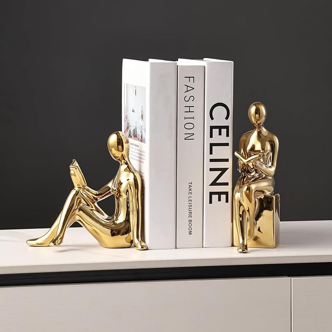 Ceramic Decorative Bookends, Book Ends for Shelves, Home Office Decor Aesthetic Statues Book Holders Stoppers for Bookshelf, Table, Bedroom Living Room Decoration (Gold)