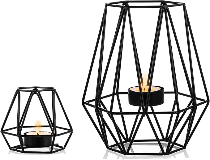 Nuptio 2 Pcs Tealight Holders - Tea Light Candle Holders Geometric Candle Holder for Dining Table Decorations Centrepiece, Black Fireplace Ornaments for Living Room, Wedding Housewarming Gifts