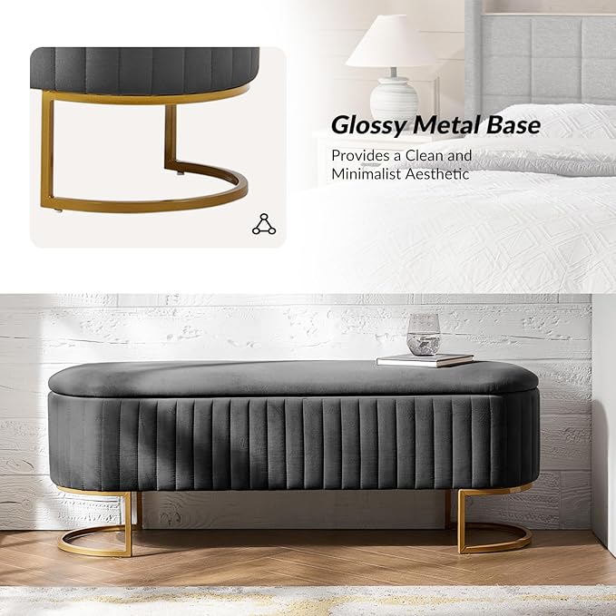 50.5” Velvet Storage Ottoman Bench with Gold-Toned Legs, Luxury Upholstered End of Bed Multi-Functional Footrest & Seat for Bedroom & Entryway