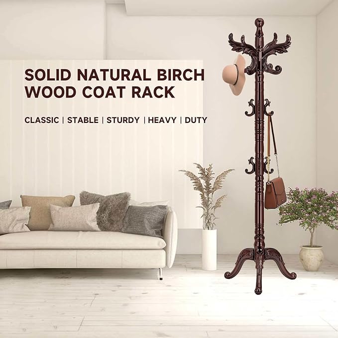 Wooden Coat Rack Stand, Natural Birch Wood Coat Rack Freestanding with Triangular Base, Sturdy Solid Wood Coat Racks with 14 Hooks, Vintage Coat Hall Clothes Tree for Entryway, Office, Corner