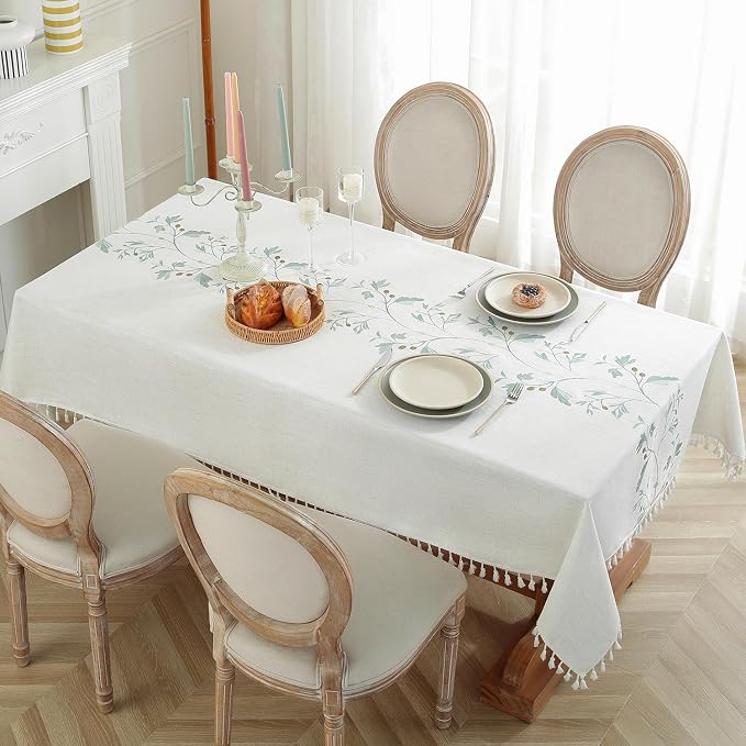 JIALE Rectangle Table Cloth, Heavy Duty Cotton Linen Waterproof Tablecloths Farmhouse Tablecloth, Soft and Wrinkle Free Table Cover with Tassels, Green Flowers, 55''x102''