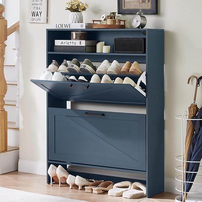 RWYHG Shoe Cabinet Storage for Entryway with 2 Flip Drawers Open Storage Layer Rack Narrow Organizer Slim Hidden Wood Shoe Cabinet Furniture Blue