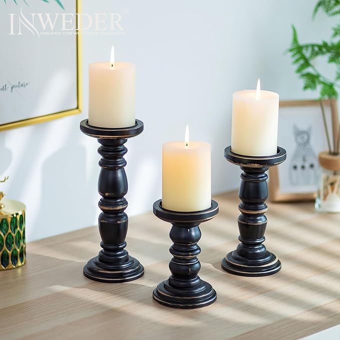 Wood Candle Holders for Pillar Candles, Solid Farmhouse Candle Holders (Set of 3), Tall Candle Holder, Stable Black Candle Holder for Home Decor, Fireplace, Event, Black
