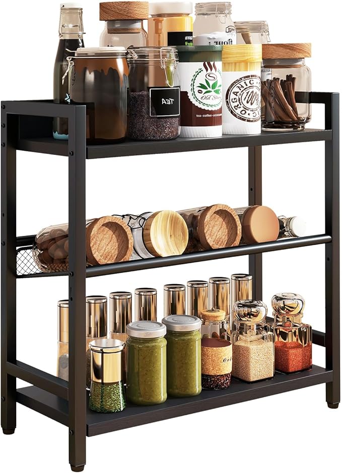 IBUYKE 3-Tier Spice Rack Industrial Counter Shelf Desktop Storage Organizer Standing Seasoning Rack for Countertop Kitchen Office Living Room Desktop Black UTLJ021B