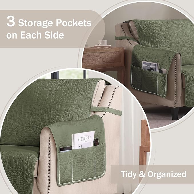 Olive Green Loveseat Covers for 2 Cushion Couch, Water-Repellent Slip Covers for Sofa, Washable Love Seat Quilted Couch Cover, Pet Friendly Loveseat Slipcovers (Loveseat 48", Olive Green)