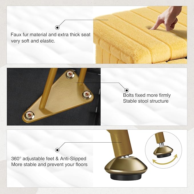 Greenstell Vanity Stool Chair Faux Fur with Storage, 15.7"L x 11.8"W x 19.4"H Soft Ottoman 4 Metal Legs with Anti-Slip Feet, Furry Padded Seat, Modern Multifunctional Chairs for Makeup, Bedroom,Yellow