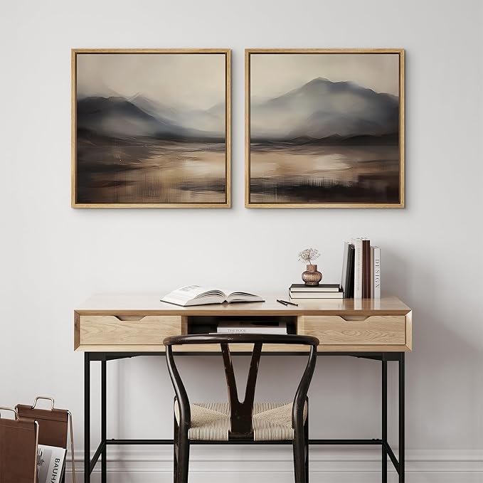 SIGNFORD Framed Canvas Print Wall Art Set Misty Mountain Landscape Neutral Toned Abstract Illustrations Modern Art Minimal Relax/Calm for Living Room, Bedroom, Office - 16"x16"x2 Natural