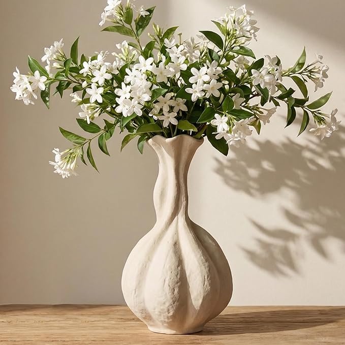 DOWAN Ceramic Flower Vase, 10" Decorative Pampas Vase for Home Decor, Modern Farmhouse Pottery Vase for Living Room Table Kitchen Bedroom Coffee Desk Entryway Mantel Book Shelf, Soft White