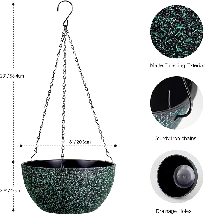 Meowell 8 inch Small Hanging Planters for Indoor Outdoor Plants, 2 Pack Hanging Flower Pots with Drainage Holes and Chain, Plastic Hanging Baskets for House Plants, Black with Green Speckles