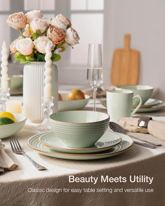 Famiware Jupiter 16-Piece Stoneware Dinnerware Set for 4 - Includes Pasta Bowl & Dinner Plate, Handcrafted Dishes with Speckles & Embossed Swirls, Chip & Scratch Resistant, Daily & Formal Use, Green