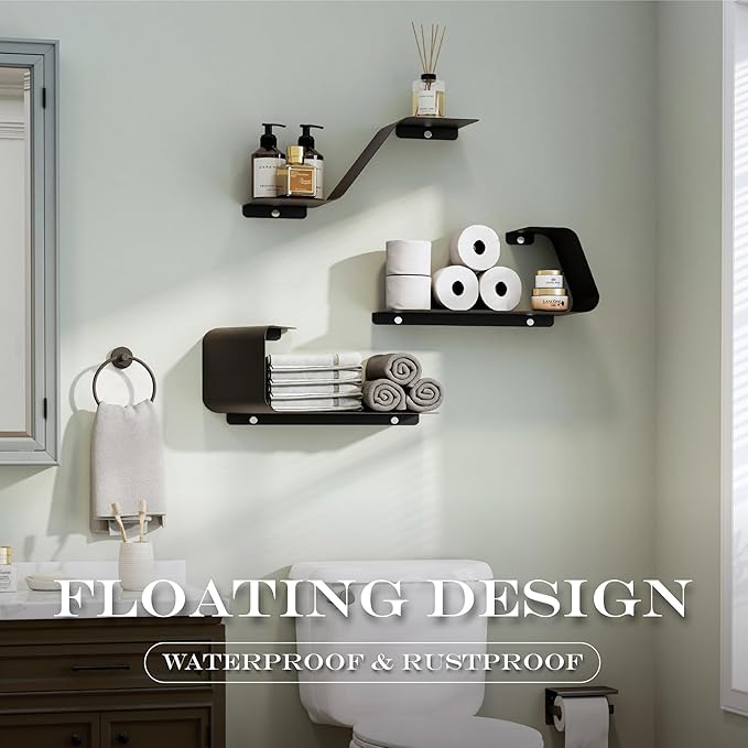 Sttoraboks Floating Shelves, Set of 3 Wall Mounted Metal Shelves with Unique Design for Wall Storage, Book Shelf, Display Shelves for Bathroom Bedroom Kitchen Living Room, Black