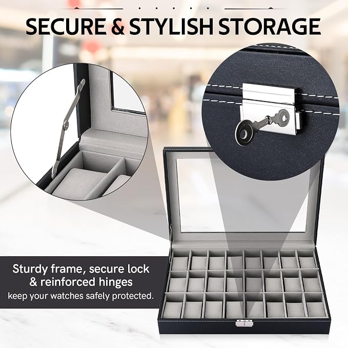 MYFULLY 24 Slot Watch Box, Lockable Watch Storage Organizer with Removable Pillows for Men and Women, Portable Watch Display Case with Gray Lining for Travel, Collection and Jewelry Storage