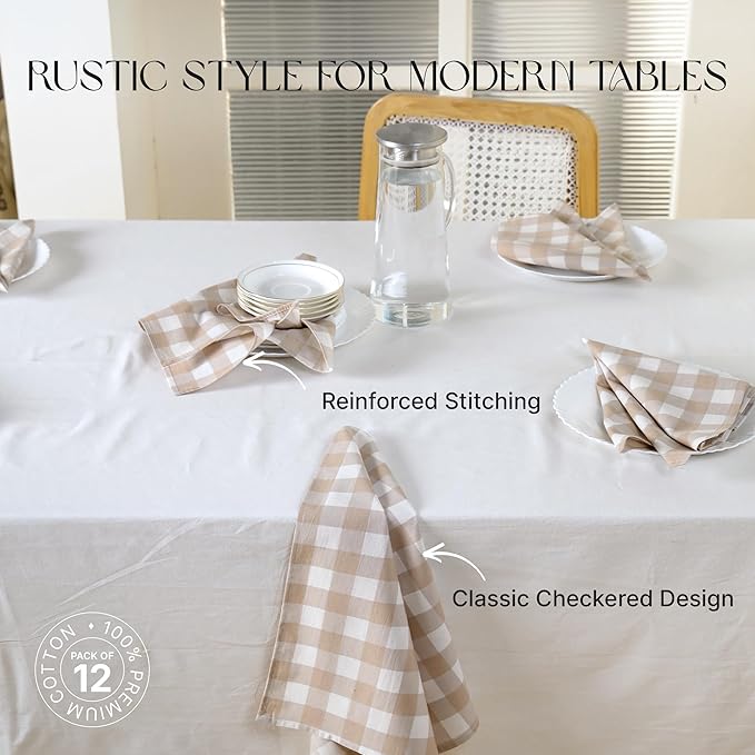 Cloth Napkins Set of 12, 100% Cotton Reusable Gingham Printed Dinner Napkins, 18x18 Inch Washable Table & Kitchen Napkins for Home, Dining, Entertaining – Beige & Sand