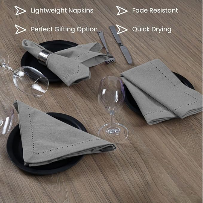 Hemstitch Cloth Dinner Napkins 100% Cotton Set of 12 - for Dining Special Occasions Weddings Parties Holidays Easter - Soft Durable Washable - 18x18 Inch Table Cloth Napkins Light Grey