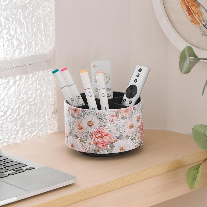 Spinning Remote Caddy for Table, 360 Degree Rotating Desk Organizer and TV Remote Holder, Decorative PU Leather Storage Basket for Bedside, Coffee Table, and Office Stationery, Peony PH128