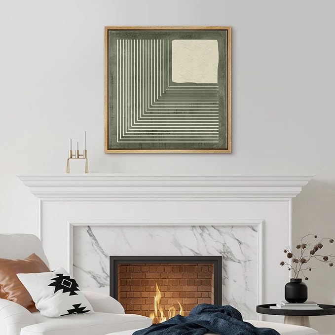 SIGNFORD Framed Canvas Print Wall Art Abstract Lines and Square Geometric Monochrome Design Illustrations Modern Art Relax/Calm Warm for Living Room, Bedroom, Office - 24"x24" Natural