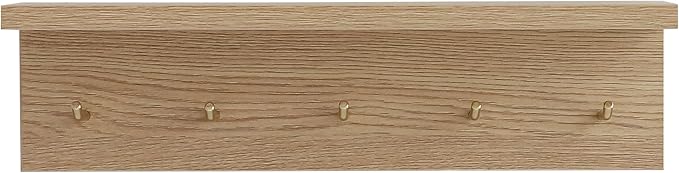 Marine Plywood Wall Mounted Coat Rack with Shelf & Key Hooks, 5 Brass Hooks Entryway Organizer, Modern Floating Shelf for Bedroom Hallway, Space-Saving Home Storage Rack (1, Oak Finish)