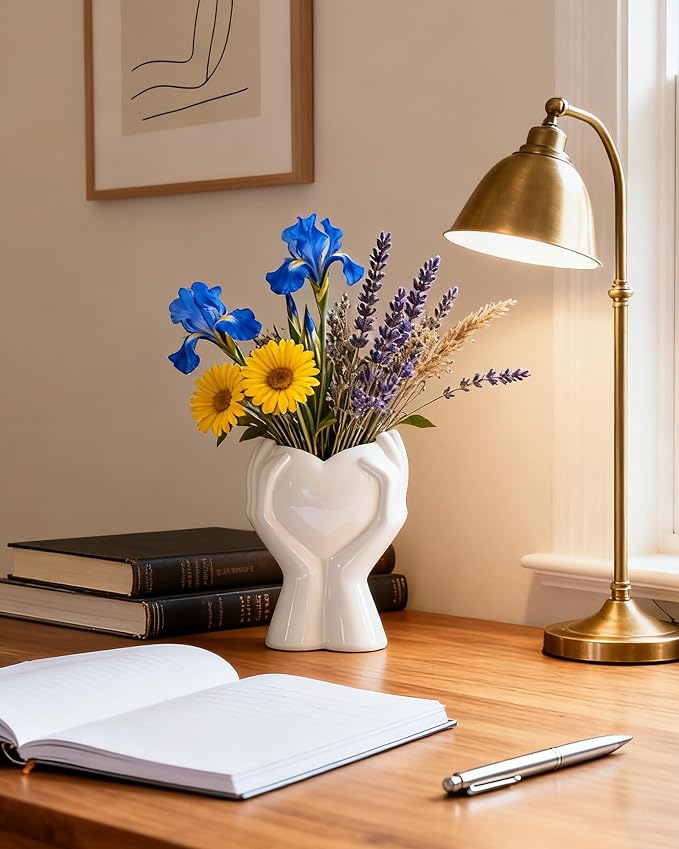 A Heart Held in Two Hands White Vases for Flowers - Cute Modern Small Ceramic Flower Vase for Pampas Grass - Decorative Table Vase for Coffee or Dining Table Centerpiece, Shelf - Gift for Mom (White)