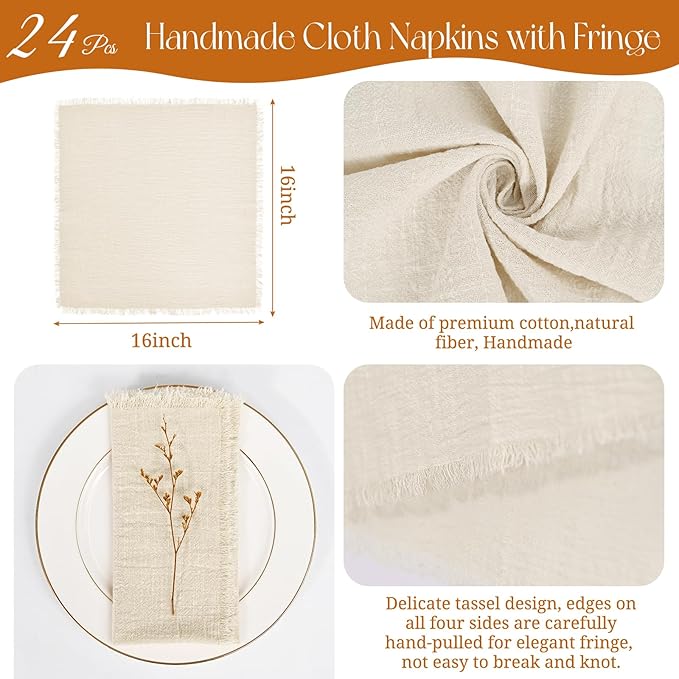 24 Pack Cotton Linen Napkins Bulk 16 x 16 Inch Cotton Linen Cloth Napkins with Fringe Rustic Handmade Napkins Cloth Washable Dinner Napkins Cloth for Wedding Party Bridal Shower(Natural)