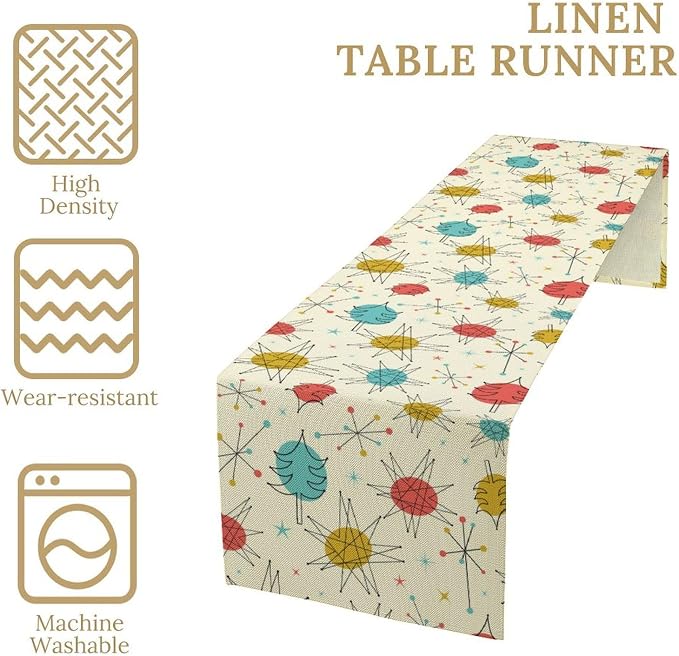 Abstract Mid Century Table Runne Modern Colorful Geometric Vintage Stars Atomic Starburst Table Decoration for Home Kitchen Dining 13x90in