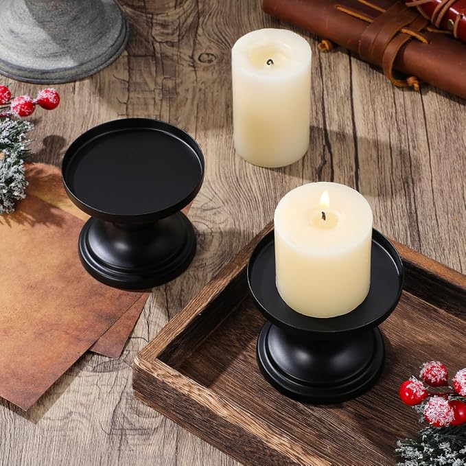 Abaodam Black Candle Holders for Pillar Candle Set of 2, Reversible Metal Candlestick Stand for Fireplace, Table Centerpiece and Farmhouse Home Decor