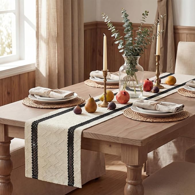 Artoid Mode Black Stripe Woven Table Runner, Seasonal Holiday Hollow Kitchen Dining Table Decoration for Home Party Decor 12x108 Inch