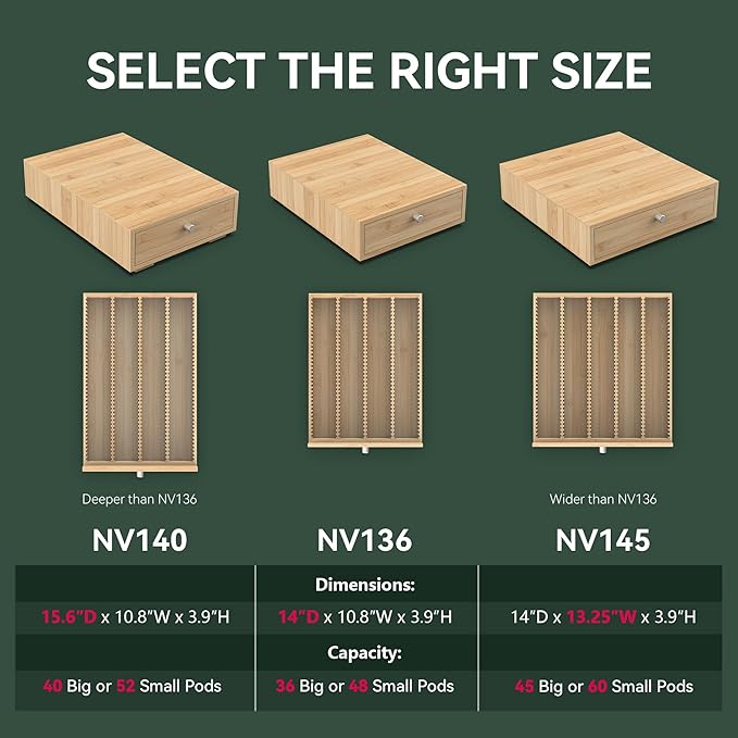 for Nespresso Vertuo Capsules (NV136) - Premium Bamboo Coffee Pod Drawer, 36 Big or 48 Small Vertuoline Pods Organizer - 10.8"Wx14"Dx3.9"H (Natural)