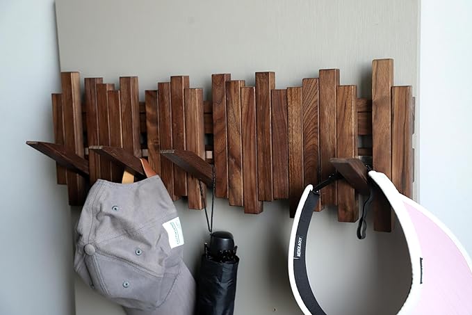 Natural Wood Wall Mounted Piano Coat Rack| Coat Rack Wall Mount| Flip Down Wall Hook Rack 5 Hooks| Entryway Wall Storage with Hooks,Made of Black Walnut.Wall Art