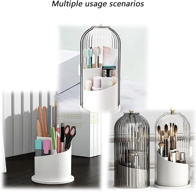 Sliding Lid Toothbrush Organizer, Rotating Toothbrush Holder, Rotating 3 Slots Bathroom Organizer Countertop, Makeup Brush Organizer Caddy for Vanity (White)