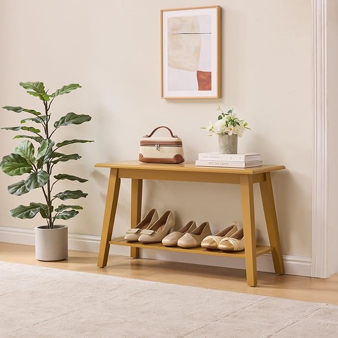 Kings Brand Furniture Delphi Wood Entryway Bench with Storage Shelf – Modern Accent Seating for Hallway, Bedroom, Living Room or Narrow Space-Saving Shoe Bench - Honey Mustard