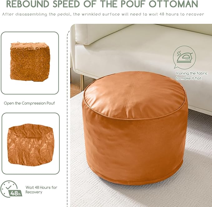 HIGOGOGO Round Stuffed Pouf Ottoman, Pu Leather Poufs with Foam Chunk Filling, Furry and Fluffy Pouf Foot Stool Storage Ottoman, 26 X 18 Floor Poufs Foot Rest for Living Room, Orange