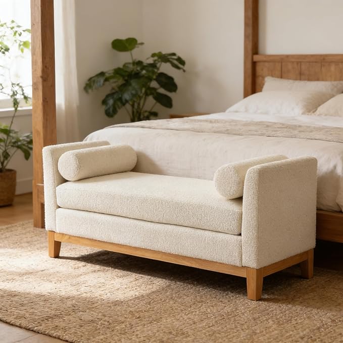 Chifee & Vingol 54.3" End of Bed Bench Upholstered Boucle Bench for Bedroom Entryway, White