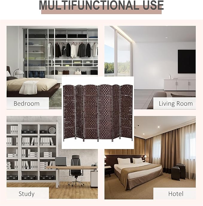 HOMCOM Room Divider 6 Panel, 6FT Tall Folding Privacy Screen, Freestanding Hand-Woven Partition for Room Separation with 360° Hinges, Paper Rope Diamond Weave, Brown