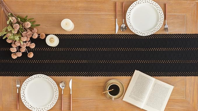YATOJUZI Black Table Runner Pure Black Boho Table Runners with Tassels 108 Inches Seasonal Long Table Runner Rustic Farmhouse Table Runners for Bohemian Dining Bedroom Kitchen Decor 12x108 Inches