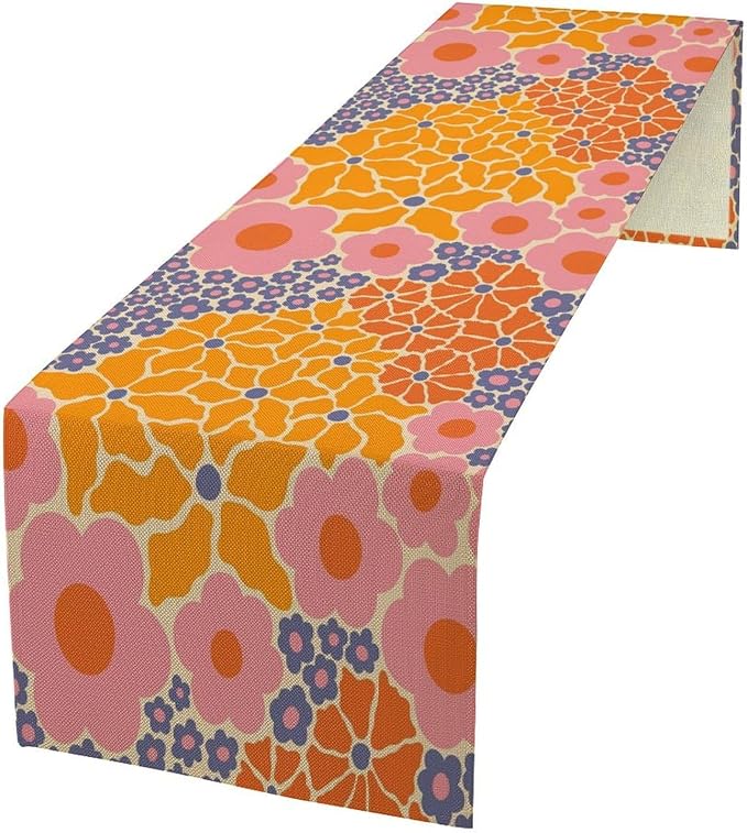 Retro Floral Table Runner Vintage Boho 70s 60s Groovy Hippie Geometric Flowers Dinner Runner for Home Kitchen Dining Table Holiday Party Decor 13"x90"