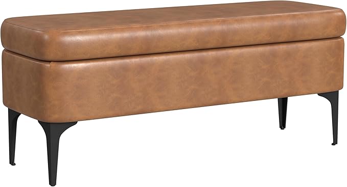 HomePop Upholstered Storage Bench with Metal Leg, 42" W, Carmel Faux Leather