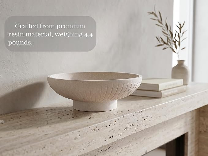 Minimalist Decorative Pedestal Bowl, 11.2''D Resin Vertical Stripes Catch All Bowl for Keys, Candles, Boho Large Dish for Coffee Table Centerpiece, Entryway Console Table, Beige White