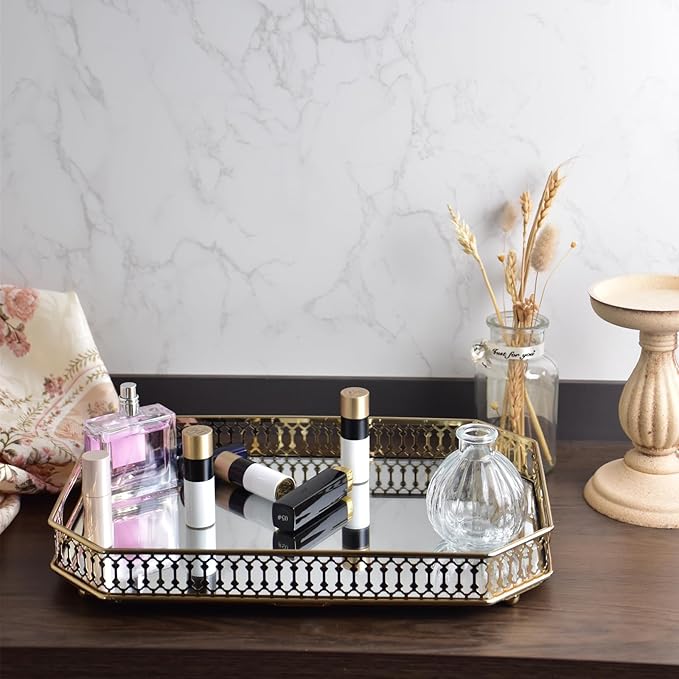 Bar Cart Tray Glass and Gold Tray，Mirrored Tray for Cologne, Perfume and Gold Vanity Tray- Decorative Mirrored Vanity Tray with Cutout Design, Glass Base, Metal Jewelry Organizer