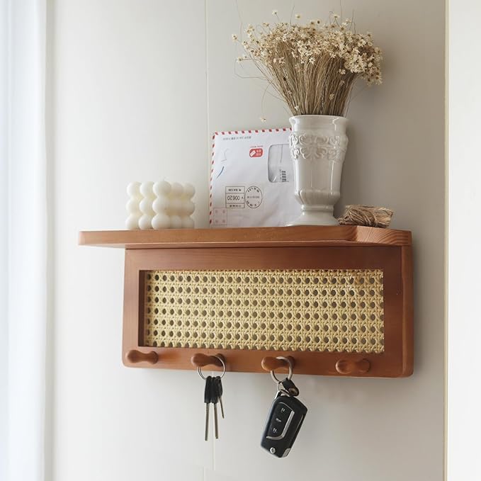 PE Rattan Key Holder with 4 Key Hooks ,Wall Mounted Decorative Floating Shelf for Entryway,Nursery,Mudroom, Hallway, Office (Retro Brown)