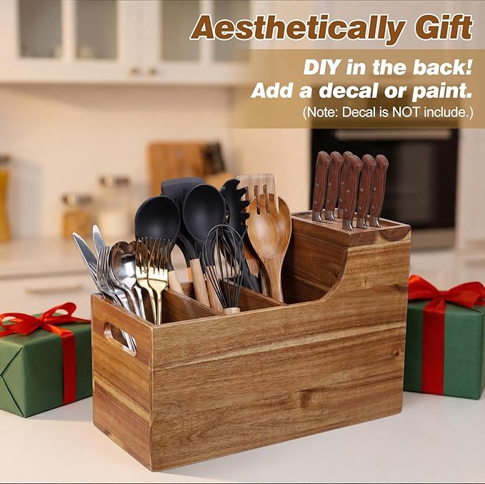 Acacia Wood Utensil Holder with Knife Block Acacia Kitchen Utensil Knife Holder Organizer Solid Wood Wall-mountable Storage Cooking and Silverware Rustic Wooden Organizer Container