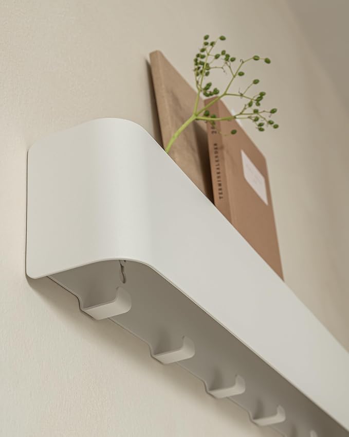 Kazai. Coat Rack Wall Mount with Shelf 'Tone' | Modern Design Coat Hanger with Hidden Hooks and Storage | Hat Rack with Shelf in Metal | Wall-Mounted Purse Organizer | White
